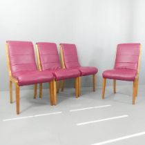 A set of four Hille 1930s Art Deco side chairs in satin birch with burr wood veneer back, with later