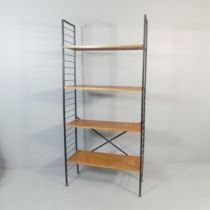 A Ladderax style bookcase / shelving unit with four adjustable shelves. 94x202x36cm. No maker's