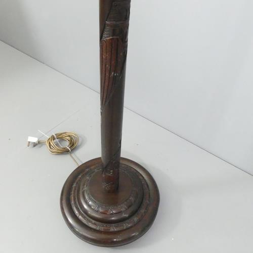 A modern Chinese mahogany standard lamp with carved decoration and pedestal base. Height to - Image 2 of 2
