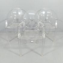 A set of 3 Louis Ghost stacking chairs, by Philip Starck for Kartell.