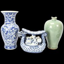 A Chinese green crackle glaze vase, height 24cm (A/F), a Chinese blue and white carp design vase,