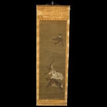 A Japanese paper scroll painting depicting geese General paper discolouration and creasing