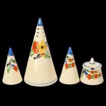 Clarice Cliff Honeyglaze 3-piece conical-shaped cruet set and matching sugar shaker, sugar shaker