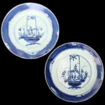 A pair of Chinese Kangxi blue and white porcelain plates with painted baskets of flowers, diameter