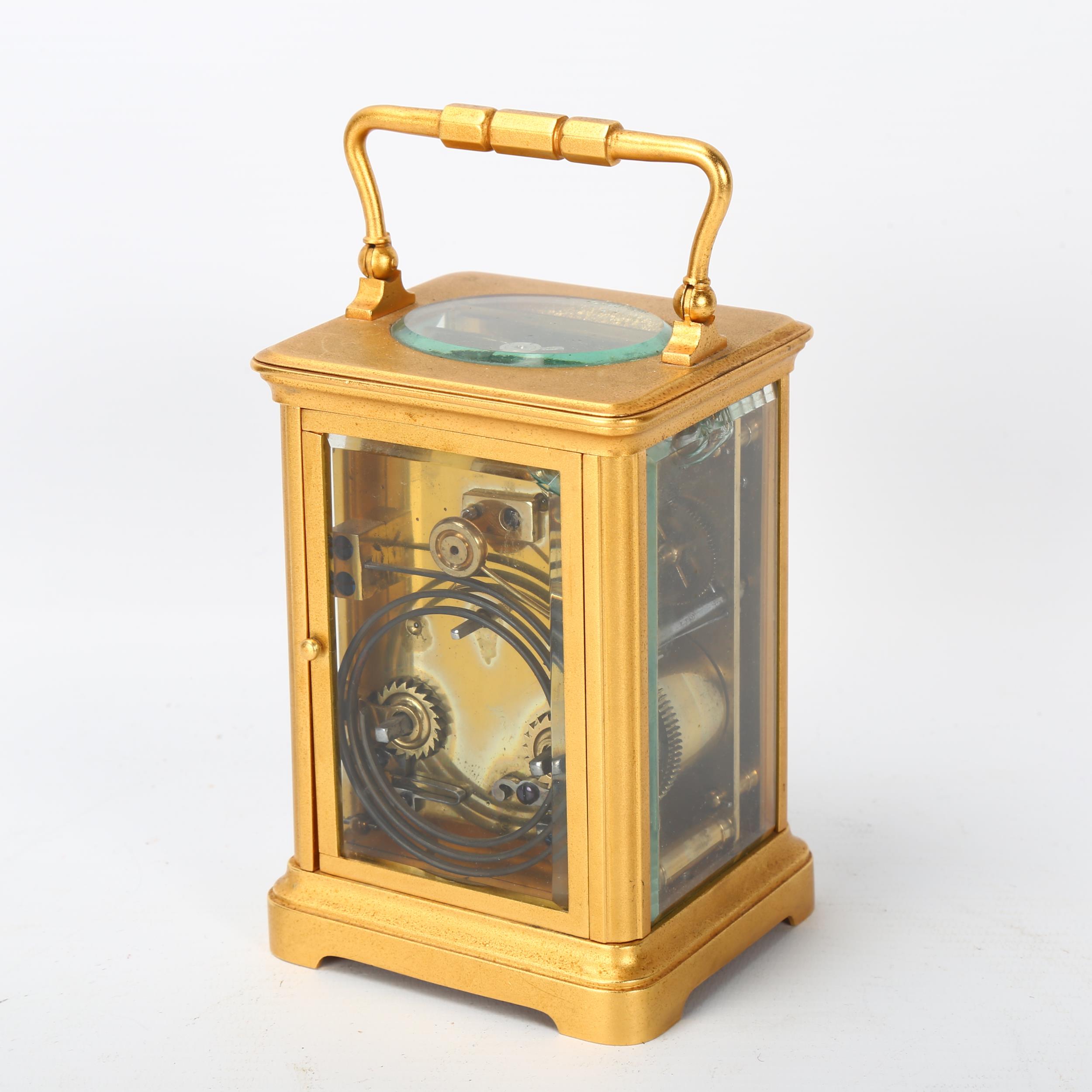 French gilt-brass carriage clock, enamel circular dial in gilded surround, 8-day movement striking - Image 2 of 3