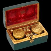 An 18th century miniature green stained shagreen covered travelling inkwell, the original fitted