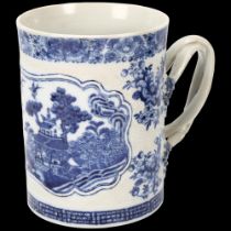 18th century Chinese export blue and white porcelain mug, landscape decorated panel with crossover
