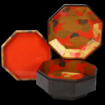 A Japanese Meiji Period octagonal lacquer wood box and cover, with colourful gilded and lacquered
