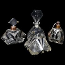 4 Art Deco glass perfume/atomiser scent bottles, with abstract black designs, largest bottle and