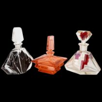 3 large heavy Art Deco facet-cut glass perfume bottles and stoppers, 2 attributed to Karl Palda,