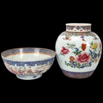 A large Chinese porcelain jar and cover with painted blossom, height 26cm, and an 18th century