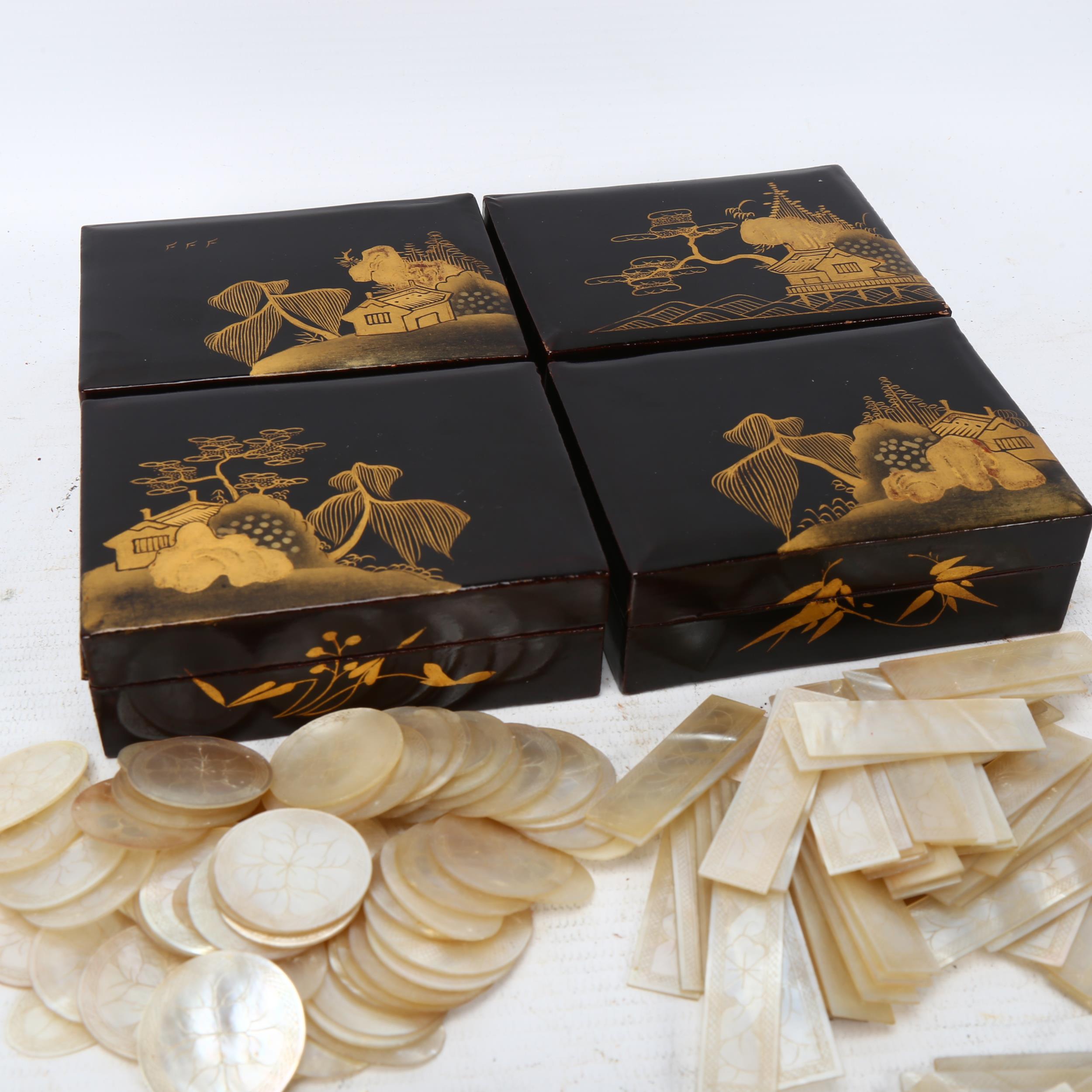 4 x 19th century Chinese gilded lacquer gaming boxes, containing a collection of mother-of-pearl - Image 2 of 3
