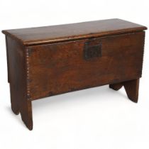 A late 17th century oak blanket chest, circa 1690, of plank construction, 98cm x 39cm, height 60cm