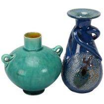 DR CHRISTOPHER DRESSER for LINTHORPE POTTERY - turquoise glaze pottery vase with ring handles,