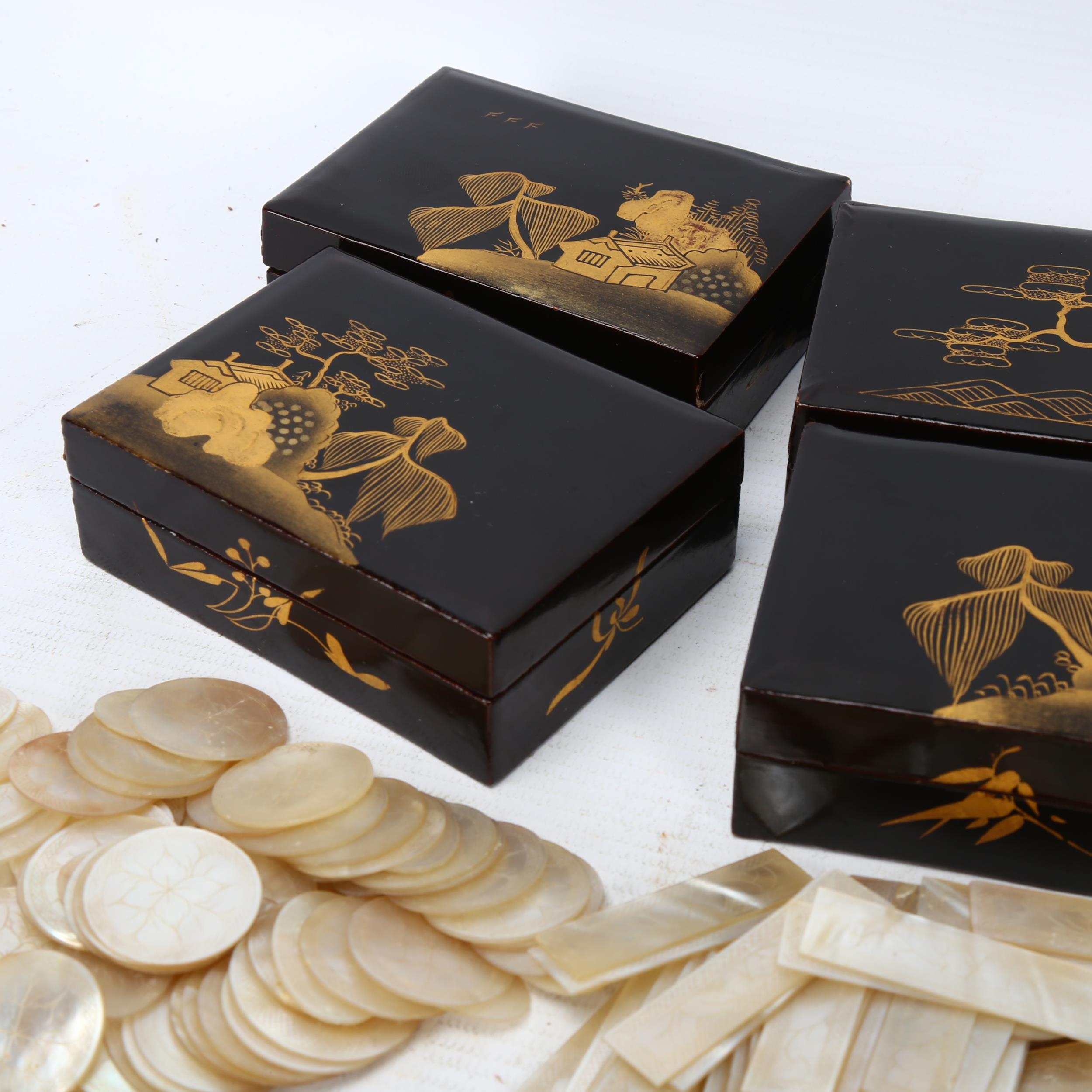 4 x 19th century Chinese gilded lacquer gaming boxes, containing a collection of mother-of-pearl - Image 3 of 3