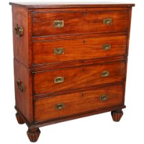 An unusually small 19th century mahogany military chest of 4 long drawers in 2 parts, with