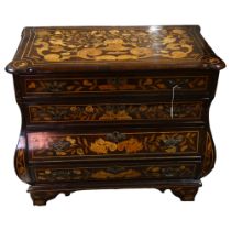 An 18th century Dutch Marquetry four drawer bombe chest, height 76cm, width 91cm, depth 51cm The top