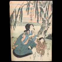 19th century Japanese colour woodblock print, woman and child, image 37cm x 25cm, mounted A number