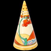 Clarice Cliff Bridgewater pattern sugar shaker, height 14cm 2 small chips under the foot, possibly