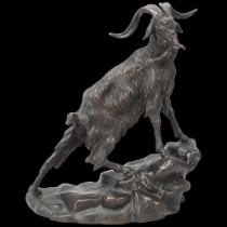 Pierre-Jules Mene (1810 - 1879), mountain goat on rocky outcrop, patinated bronze sculpture,