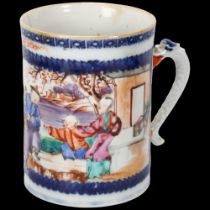 Chinese 18th century porcelain mug, hand painted garden scene with dragon design handle, height 11.