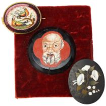 3 x 19th century Pietra Dura panels, comprising micro-mosaic portrait of a man, 4cm across, micro-