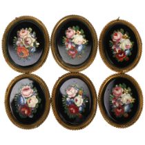 A set of 6 x 19th century floral micro-mosaic plaques, on black glass ground, in oval gilt-metal