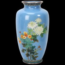 Japanese Meiji Period silver wire cloisonne enamel vase, with fine floral decoration on pale blue