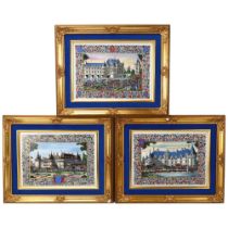 Jean Gradassi, 3 printed porcelain plaques depicting Royal palace buildings, in gilt frames, overall