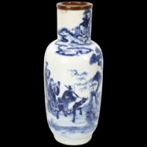 19th century Chinese blue and white porcelain vase, hand painted decoration with bronze rim and 4