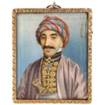 19th century miniature watercolour portrait on ivory, depicting a Persian man wearing a turban and