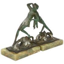 Bruno Zach (1891 - 1935), pair of Art Deco green patinated bronze bookends, in the form of female