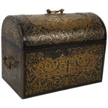 A 19th century dome-top stationery box, mahogany with intricate brass marquetry inlay, and brass