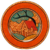 Clarice Cliff Bizarre Red Roofs, Cafe Au Lait plate, c.1932, diameter 18cm Perfect condition