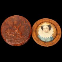 A French early 19th century circular burr-wood snuffbox, pressed relief decorated lid inscribed "