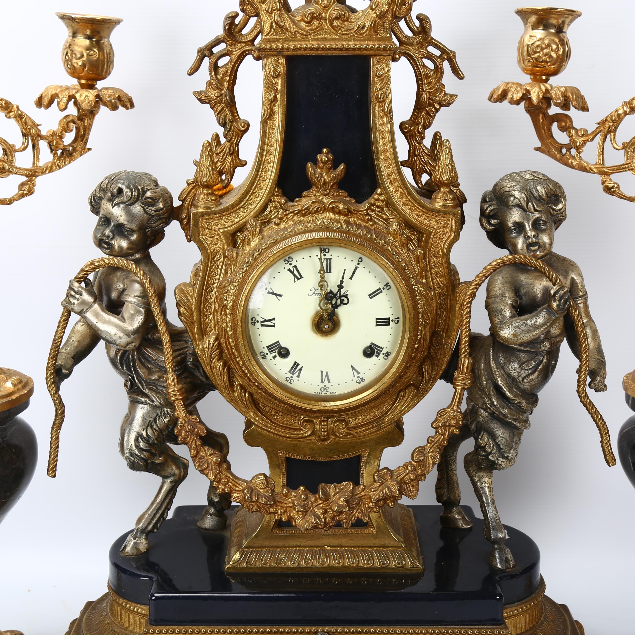 An ornate Rococo style gilt-bronze cased 3-piece clock garniture, 8-day striking movement, clock - Image 2 of 3