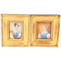 A pair of 19th century miniature portraits of young women, watercolour on ivory, unsigned, 9cm x 6.