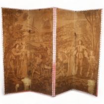 A four fold screen with antique French tapestry with leather studded edges, height 190cm x length