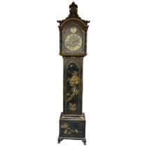 A black lacquer Chinoiserie Eight Day Longcase Clock, ebonised oak case with swept Fluer de Lys