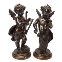A pair of 19th century bronze cherub sculptures, unsigned, height 32cm Patination has some minor