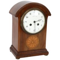 A French inlaid mahogany-cased mantel clock, circa 1900, enamel dial signed Harris & Son Paris, 8-