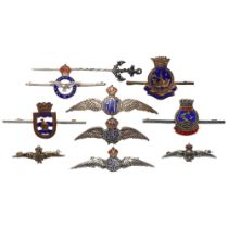 9 Royal Navy and Royal Air Force sweetheart brooches and a Naval Stick-pin, 7 marked Sterling or