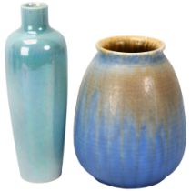 Ruskin Pottery, pale blue lustre glaze tall vase, height 18cm, and a matte glaze pottery vase,