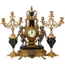 An ornate Rococo style gilt-bronze cased 3-piece clock garniture, 8-day striking movement, clock