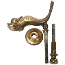 An early 20th century solid bronze cast dolphin design door knocker and mount, made in Malta Navy