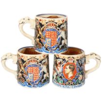 3 Edward VII Coronation mugs designed by Dame Laura Knight, Myott & Co, height 8cm, with original
