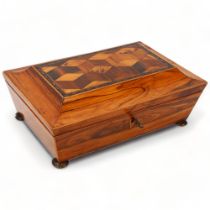 A Victorian Tunbridge Ware jewel box, cube parquetry inlaid lid, with original key, 23 x 15.5cm