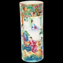 19th century Chinese Canton famille rose porcelain cylinder vase, with hand painted decoration,