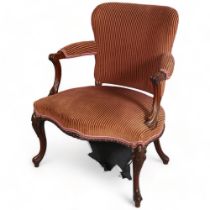 A 19th century French Salon Armchair, shaped and carved mahogany frame, re-upholstered in striped