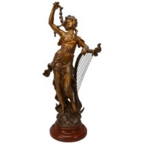 A French bronze patinated spelter figure of a girl with a lute, after Moreau, turned wood base,